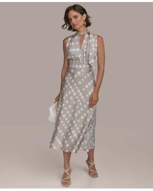 Donna Karan Dot Print Tie Neck A Line Dress - Brown