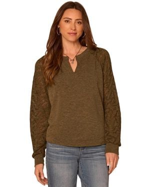Democracy Petite Mandarin Collar Cable-knit Long-sleeve Half-placket Knit Top - Brown