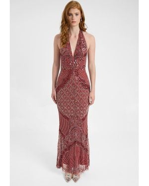 Beauut Embellished Sequin Beaded Maxi Dress With Halter Neckline And Deep V-cut Front - Red