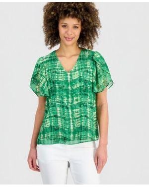 Kasper Plaid Tulip Sleeve Blouse - Green