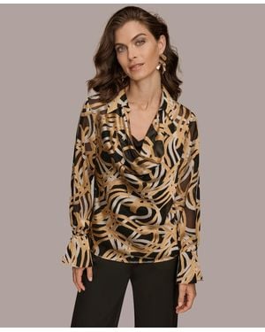 Donna Karan Long Sleeve Burnout Cowl Neck Top - Brown