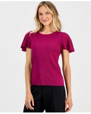 Kasper Crewneck Flutter Sleeve Rib Knit Sweater - Red