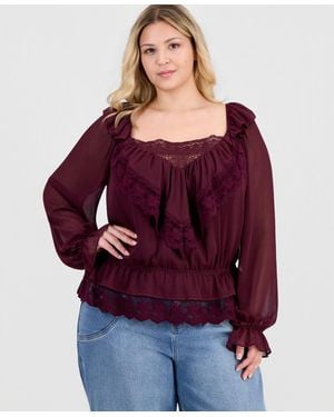 And Now This Trendy Plus Size Ruffle-front Long-sleeve Blouse - Red