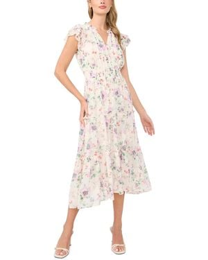 Cece Flutter-sleeve Smocked Waist Split-tie Neck Tiered Maxi Dress - White