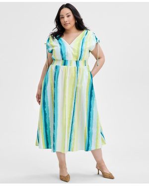 INC International Concepts Plus Size Cotton Drawstring-sleeve Midi Dress - Blue