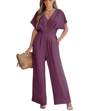 CUPSHE V-neck Short Sleeve Straight Leg Jumpsuit - Purple