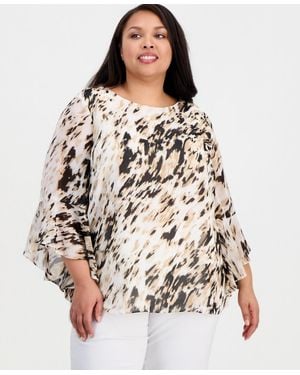 Kasper Plus Size Printed Boat-neck Ruffle-sleeve Blouse - Multicolor