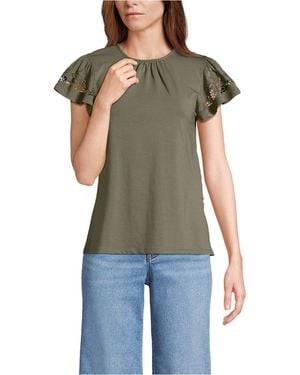 Lands' End Lightweight Jersey Crew Neck Ruffle Sleeve Flowy Top - Green