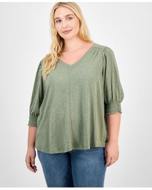 Democracy Trendy Plus Elbow-sleeve Smocked-cuff Blouse - Green