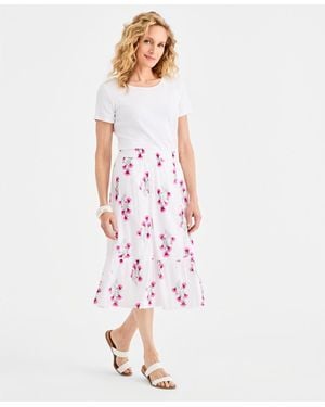 Style & Co. Printed Cotton Pull-on Midi Skirt - White