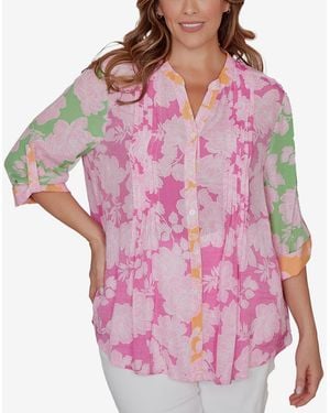 Ruby Rd. Plus Size Color Block Floral Pintuck Gauze Top - Pink