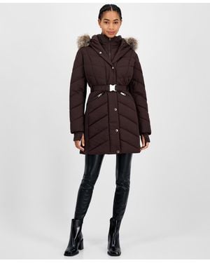 Michael Kors Michael Faux-fur-trim Hooded Belted Puffer Coat - Brown