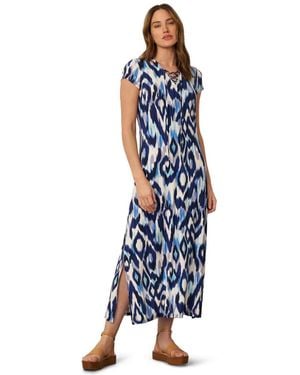 Cable & Gauge Lace Up V Neck Printed Maxi Dress - Blue
