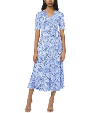 Msk Petite Printed V-neck Short-sleeve Midi Dress - Blue