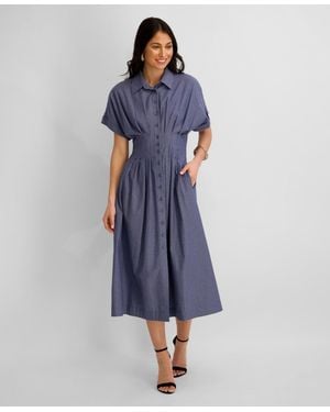 Kensie Button-front Short-sleeve Midi Shirt Dress - Blue
