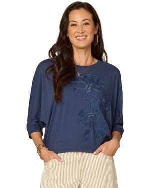 Democracy Embroidered Crew Neck Top - Blue