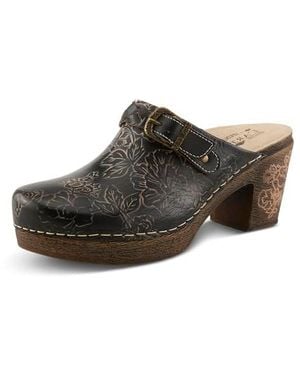 L'ARTISTE Calliroe Open-back Clogs | Hand-painted Leather Slip-on With Floral Details - Black