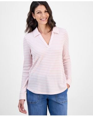 Style & Co. Striped Waffle-knit Collared Top - White
