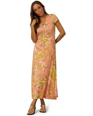 Cable & Gauge Lace Up V Neck Printed Maxi Dress - Metallic