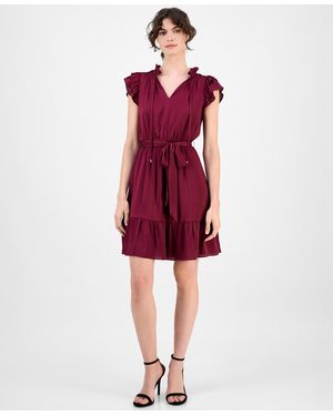 Anne Klein Solid Tie-waist Flutter-sleeve Tiered Dress