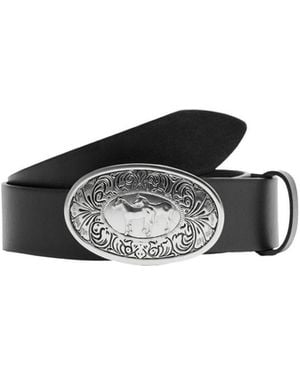 Mango Engraved Buckle Leather Belt - Black