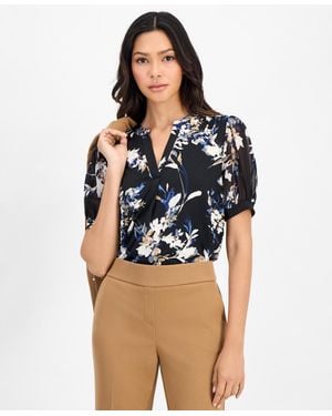 Anne Klein Essentials Petite Floral Split-neck 3/4-sleeve Blouse - Blue