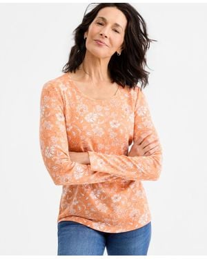 Style & Co. Printed Long-sleeve Scoop-neck Top - Orange
