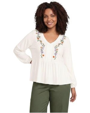 Lands' End Plus Size Puff-sleeve V-neck Embroidered Blouse - White