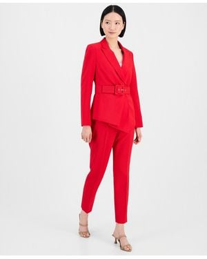 Tahari Belted Asymmetrical Jacket & Slim-fit Pantsuit Set - Red