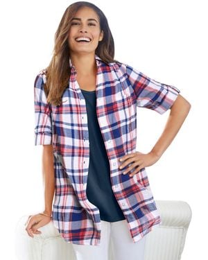 Woman Within Plus Size Within Short-sleeve Button Down Seersucker Shirt - Blue