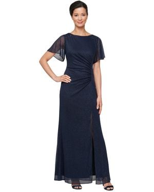 Sl Fashions Petite Flutter-sleeve Embellished Glitter Gown - Blue