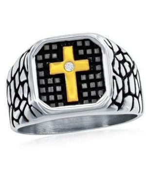 Metallo Stainless Steel Gold Cz Cross Pebbled Design Ring - Black