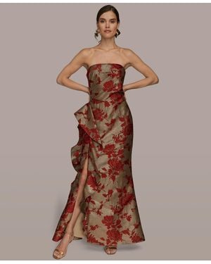 Donna Karan Strapless Floral Gathered Ruffled Gown - Brown