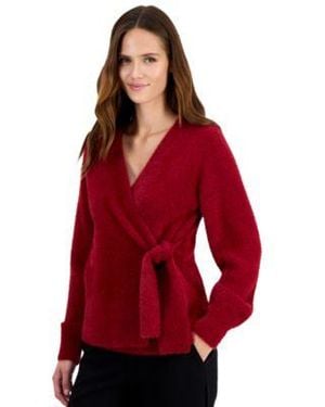 Anne Klein Eyelash Faux Wrap V Neck Long Sleeve Sweater - Red