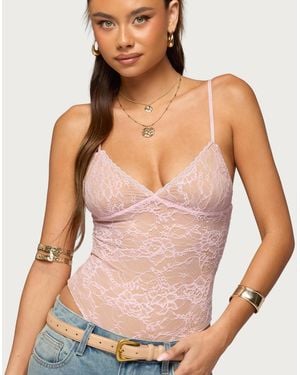 Edikted Nolyn Sheer Lace V Neck Bodysuit - Pink