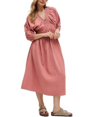 Raffya Soipoi Ruched V-neck Midi Dress - Red