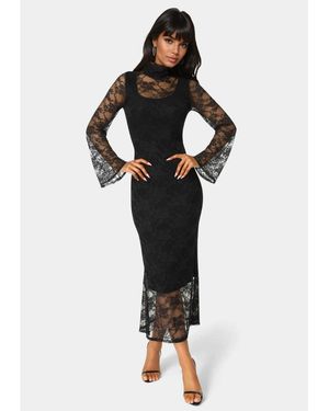 Bebe Lace Turtleneck Illusion Maxi Dress - Black