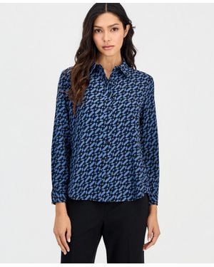 Anne Klein Essentials Petite Printed Button-front Long-sleeve Blouse - Blue