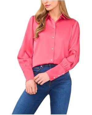 Cece Luxe Satin Imitation Pearl Button Down Blouse - Pink