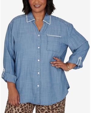 Ruby Rd. Plus Size Crochet Trim Soft Button Front Top - Blue