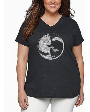 LA Pop Art Plus Size Yin Yang Cat Word Art V-neck T-shirt - Black