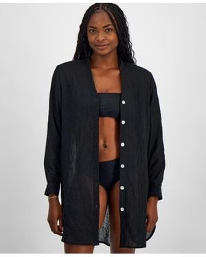 J Valdi Big Shirt Button-front Long-sleeve Swim Cover-up - Black
