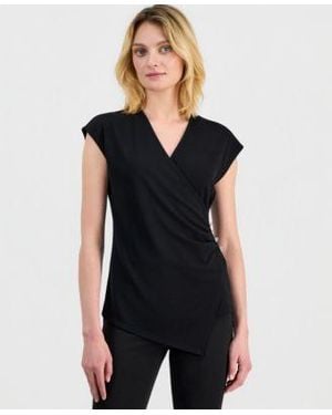Anne Klein Cap Sleeve Faux Wrap Top - Black