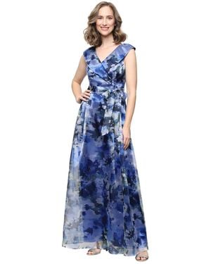 Alex Evenings Printed V-neck Long A-line Gown - Blue