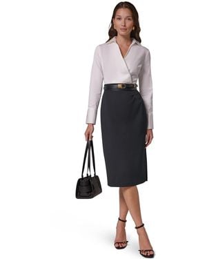 Donna Karan Long Sleeve Collared Mixed Media Belted Pencil Dress - Blue