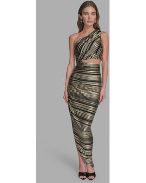 BCBGMAXAZRIA Striped Asymmetrical One Shoulder Midi Dress - Metallic