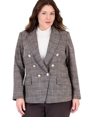 Tahari Plus Size Plaid Double-breasted Blazer - Gray