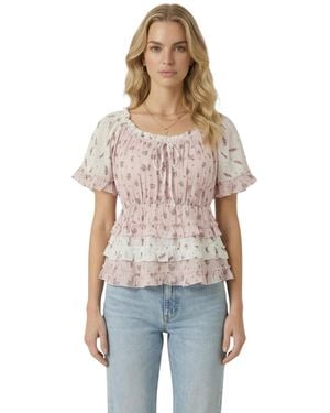 Modenaire Floral Tie-neck Ruffle Peplum Top - Pink