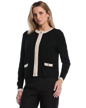 Rafaella Petite Colorblock Zip-up Crewneck Cardigan - Black