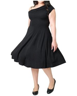 Unique Vintage Plus Size Asymmetrical Neck Swing Dress - Black